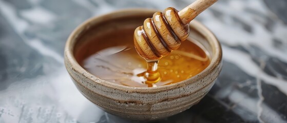  A honey dip in a wooden bowl One wooden honey dipper rests beside it Another, submerged, serves as the dipper within