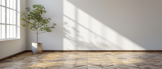 Poster -  An empty room features a potted plant in its corner and a sidewall window