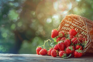 Wall Mural - A basket full of red strawberries on a wooden table