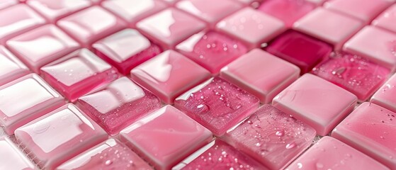 Wall Mural -  A tight shot of pink and white mosaic tiles, adorned with water droplets atop