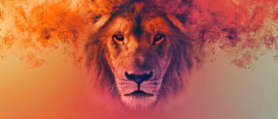 Wall Mural -  A tight shot of a lion's face with reddish-orange smoke emanating from it