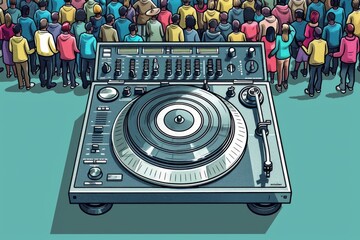 Poster - Crowd of colorful miniature figures gathered around a DJ booth emphasizing the lively festival scene