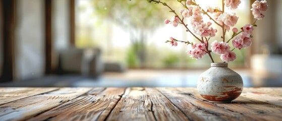 Sticker -  A vase, filled with pink flowers, sits atop a wooden table Behind it, a window provides a backdrop