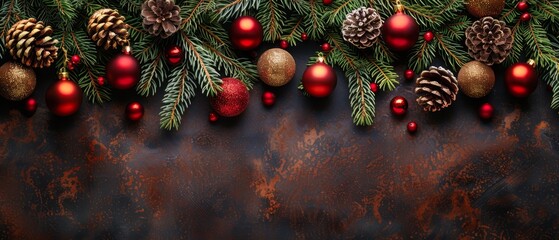 Wall Mural -  A collection of Christmas ornaments and pine cones against a dark backdrop, featuring red and gold baubles and pine cones