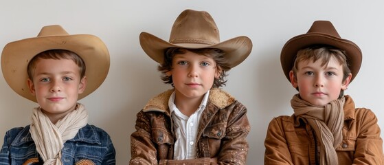Wall Mural -  Three young boys, each donning a cowboy hat and scarf, pose for a photograph before a white backdrop