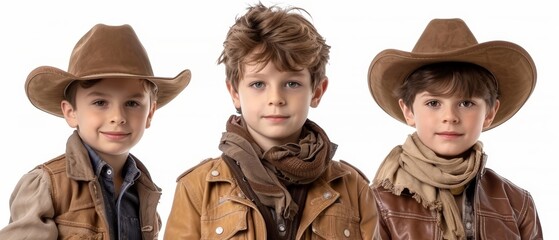  Two young boys don wear cowboy hats and scarves One wears a brown leather jacket, while the other wears a tan leather jacket