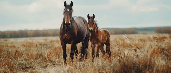 Sticker -  Two brown horses stand together on a dry grass field, surrounded by trees in the background