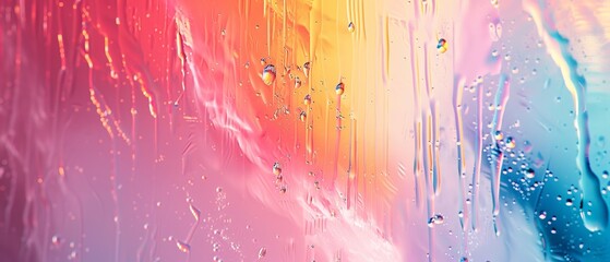 Poster -  A magnified view of a window's surface, adorned with water drops, against a multi-hued backdrop of blue, yellow, pink, and orange