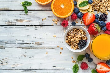 Wall Mural - breakfast healthy food granola muesli bowl blueberry organic yogurt cereal diet fresh snack oat sweet natural dessert berries fruit oatmeal strawberry vegetarian white background