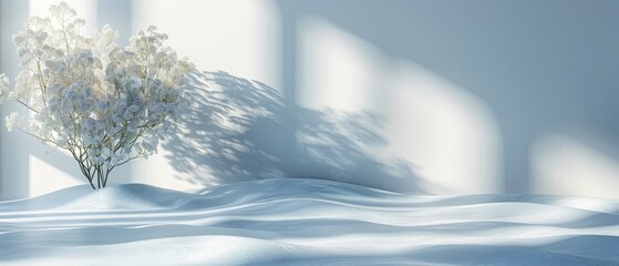 Wall Mural -  A vase, brimming with white blooms, sits atop a snow-blanketed ground Casting a shadow upon the wall stands a tree