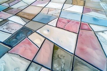 Aerial view of expansive salt ponds with geometric patterns, vibrant colors of pink, white, and blue, showcasing the beauty of sea salt harvesting