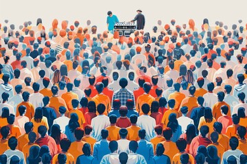 Poster - DJ performing in front of a diverse crowd at a vibrant festival with colorful lights and dynamic energy