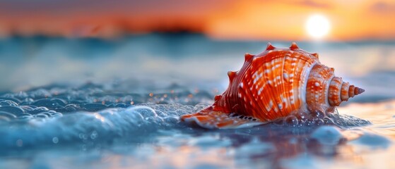 Wall Mural -  A tight shot of a seashell submerged in water, surrounded by the sunset's radiant background