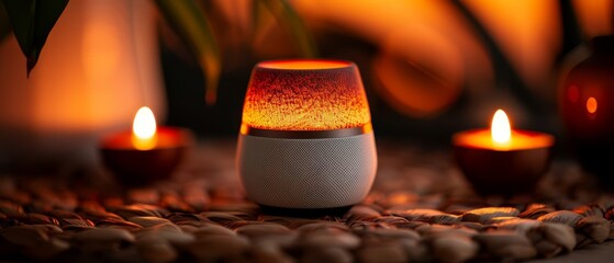 Wall Mural -  A smart speaker atop rocks, near a lit candle and a potted plant