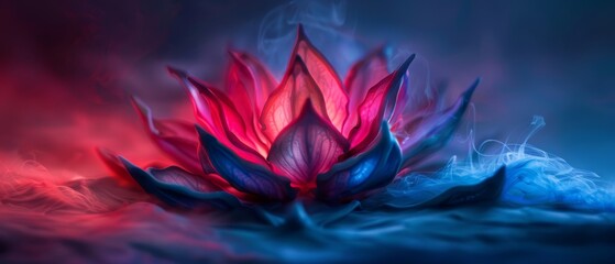 Wall Mural - Pink-blue flower against dark backdrop Red-blue light sources at flower's heart