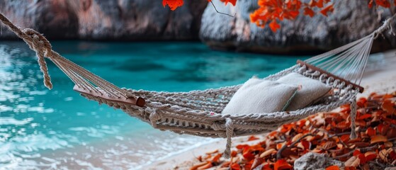 Wall Mural -  Hammock on sandy beach by water, rock formation in backdrop