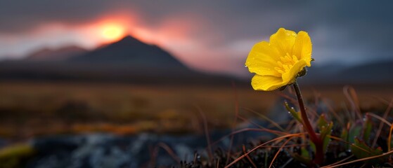 Wall Mural -  A solitary yellow bloom in foreground, mountain backdrop with distant darkened skies and clouds