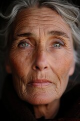 Wall Mural -  An older woman with gray hair and blue eyes gazes intently into the camera