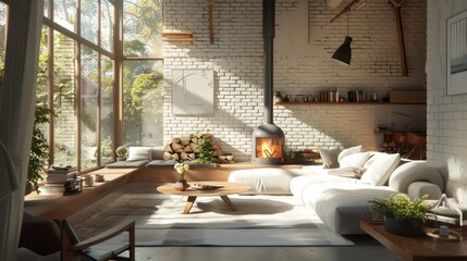 cozy living room interior, scandinavian interior with wooden table and fireplace