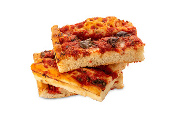 Wall Mural - Pizza slices with tomato sauce and olives and oregano stacked and isolated