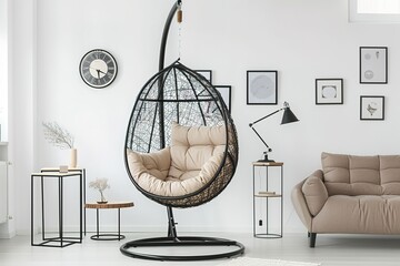 Wall Mural - A hanging chair with a cushion and side tables in front of it, placed against the wall. The room is white with some black elements. There's an armchair