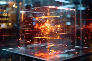 A holographic projection of a complex scientific model floating midair, revealing a three dimensional representation of scientific data