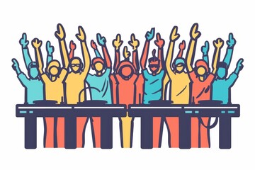 Canvas Print - Stylized illustration of diverse DJs performing with raised hands in a lively colorful setting