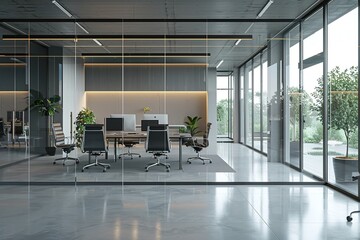 Poster - A large open office space with a glass wall and a potted plant