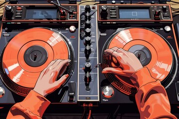 Poster - Close up of orange turntables with dynamic lighting capturing the vibrant energy of a music festival