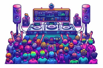 Sticker - Cartoon illustration of DJs performing with colorful speakers and a lively crowd creating a fun scene