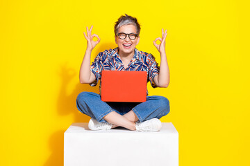 Poster - Full size photo of nice pensioner female sit cube netbook okey wear trendy colorful outfit isolated on yellow color background