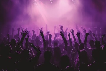 Wall Mural - DJ performing with vibrant purple and pink lights at a festival creating a lively and energetic atmosphere