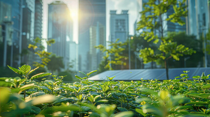 Canvas Print - A lush green field with a city in the background