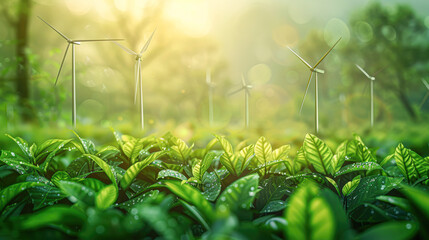 Canvas Print - A field of green plants with a row of wind turbines in the background