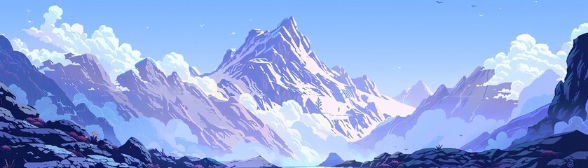 Stunning digital artwork of a majestic snow-capped mountain range under a clear blue sky, perfect for nature and landscape enthusiasts.