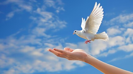 White dove released into flight under serene blue sky for a peaceful and beautiful scene