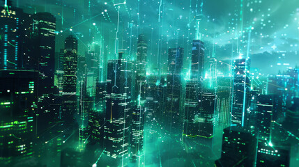 Wall Mural - smart city background showcasing a futuristic skyline with interconnected buildings and infrastructure