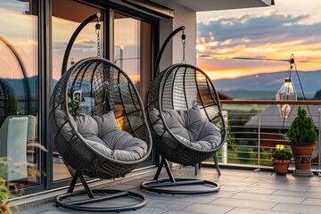 Wall Mural - Two hanging chairs on the terrace of an apartment, summer green garden relaxation leisure furniture swing design outdoor chair rest hanging nature