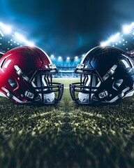 Wall Mural - American football helmets facing each other on football field with stadium lights. Sports background 
