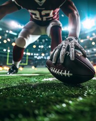 Wall Mural - Close-up on American football player is getting ready to kick held by a hand ball, view from grass level, 