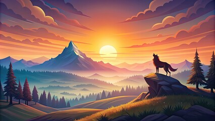 Poster - Sunset over mountains with a silhouette of a wolf.