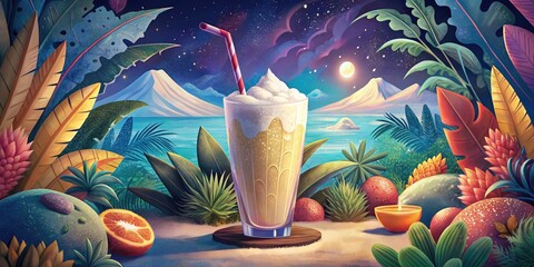 Sticker - Refreshing tropical drink on a beach with mountains.