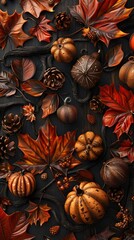 Wall Mural - Artfully Crafted Autumn Display with Leaves,Gourds,and Woven Twigs on Earthy Backdrop