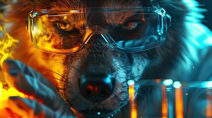 Poster - Anthropomorphic Wolf Scientist Conducting Careful Experiment in Modern Laboratory with Colorful Bubbling Liquid