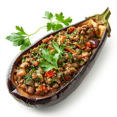 Wall Mural - A delicious Turkish karniyarik, eggplant stuffed with minced meat and vegetables, garnished with fresh parsley, isolated on white background.