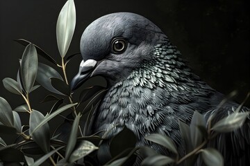 Sticker - Captivating Close-Up Portrait of a Dove with Olive Branch in Moody Dramatic Lighting