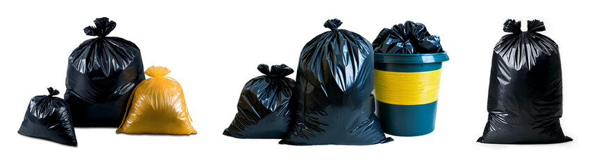 set of black trash bags isolated on white or transparent png