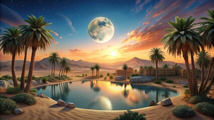 Poster - Peaceful desert oasis under a full moon.