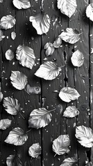 Poster - Dramatic Black and White Birch Leaf Patterns on Weathered Wooden Surface