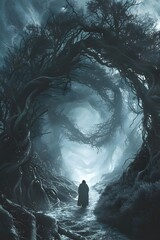 Wall Mural - Haunting Dreamscape of a Lone Traveler in a Twisted,Gnarled Moonlit Forest